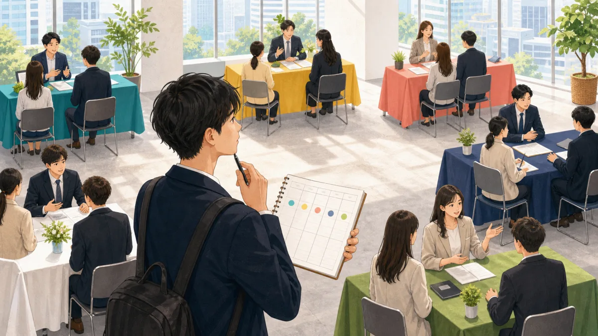 大学生が複数企業を比較する合同説明会のイラスト